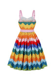 Wave Printed Spaghetti Straps Vintage Sukienka