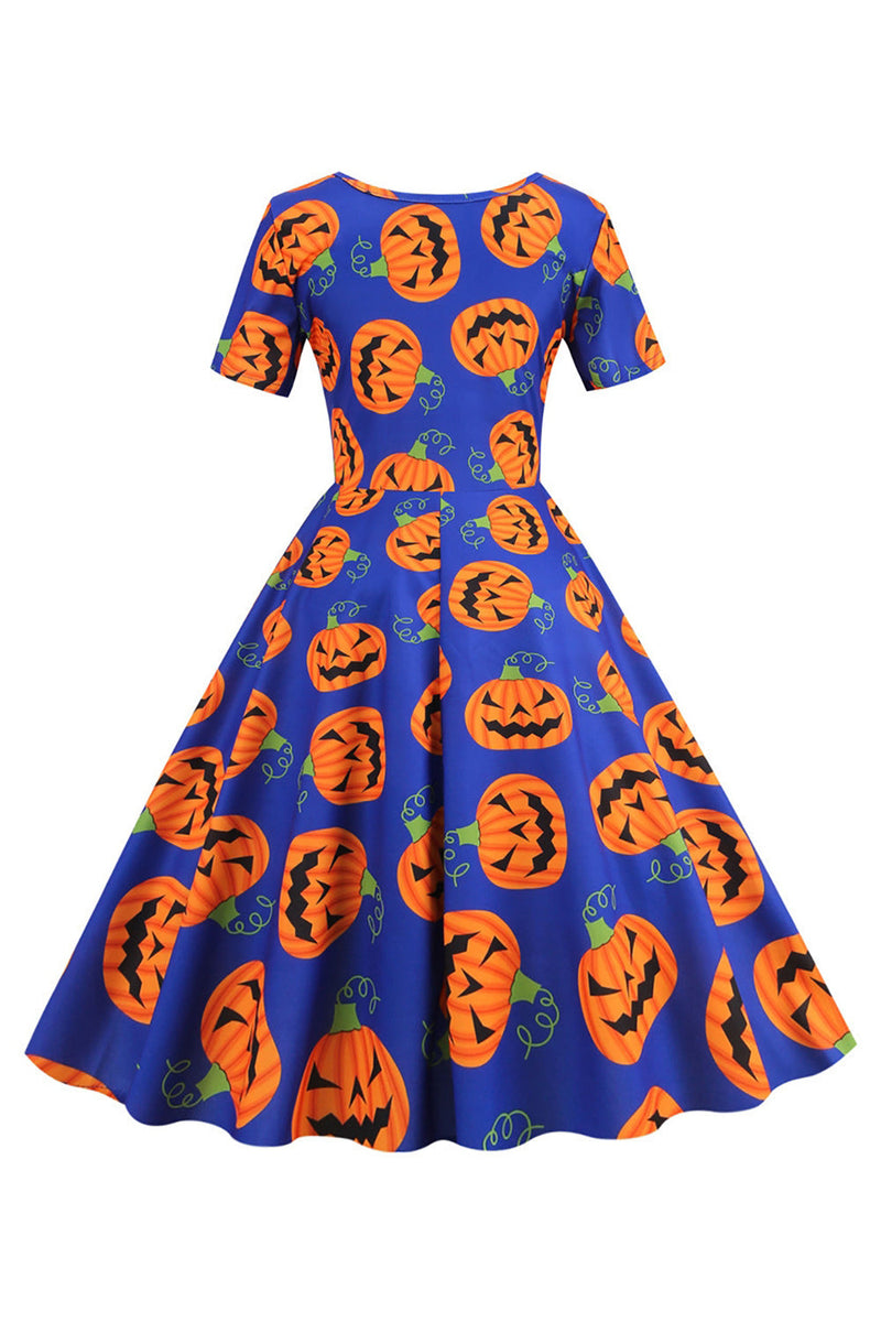 Załaduj obraz do przeglądarki galerii, Halloween Sukienka z krótkim rękawem Crew Neck Vintage Print