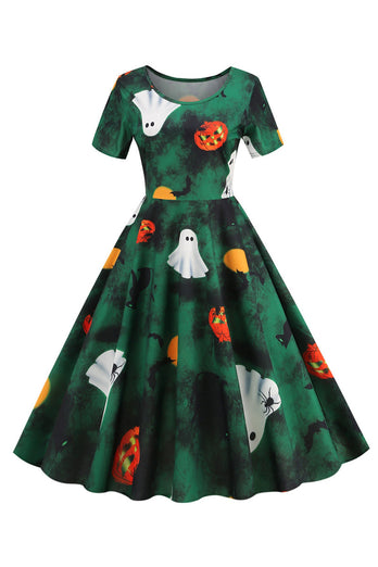 Halloween Sukienka z krótkim rękawem Crew Neck Vintage Print