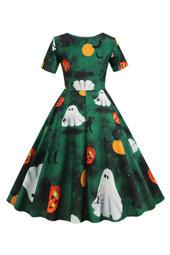Halloween Sukienka z krótkim rękawem Crew Neck Vintage Print