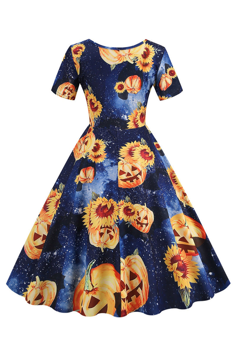 Załaduj obraz do przeglądarki galerii, Halloween Sukienka z krótkim rękawem Crew Neck Vintage Print