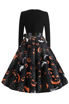 V Neck Black Halloween Vintage Sukienka z długim rękawem