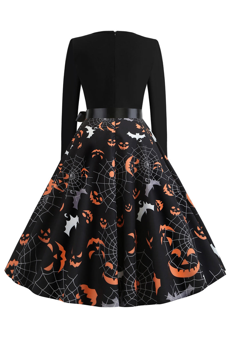 Załaduj obraz do przeglądarki galerii, V Neck Black Halloween Vintage Sukienka z długim rękawem