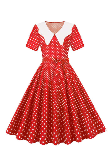Hepburn Red Polka Dots Print Vintage Sukienka z paskiem
