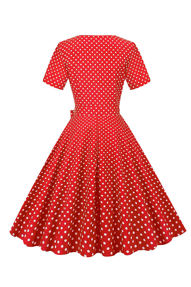 Załaduj obraz do przeglądarki galerii, Hepburn Red Polka Dots Print Vintage Sukienka z paskiem