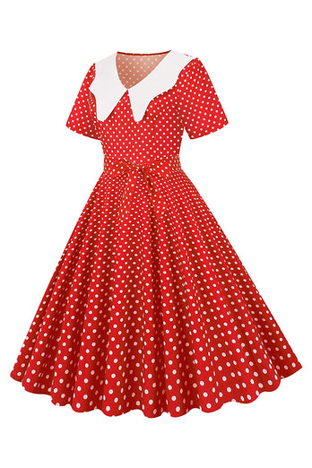 Hepburn Red Polka Dots Print Vintage Sukienka z paskiem