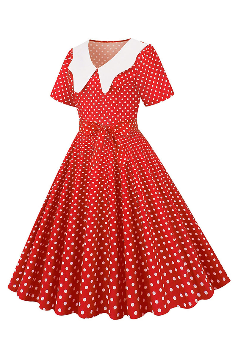 Załaduj obraz do przeglądarki galerii, Hepburn Red Polka Dots Print Vintage Sukienka z paskiem