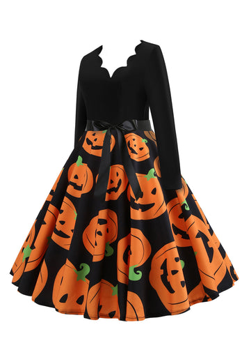 V-Neck z długim rękawem Nadruk Pumpkin Lantern Vintage Dress