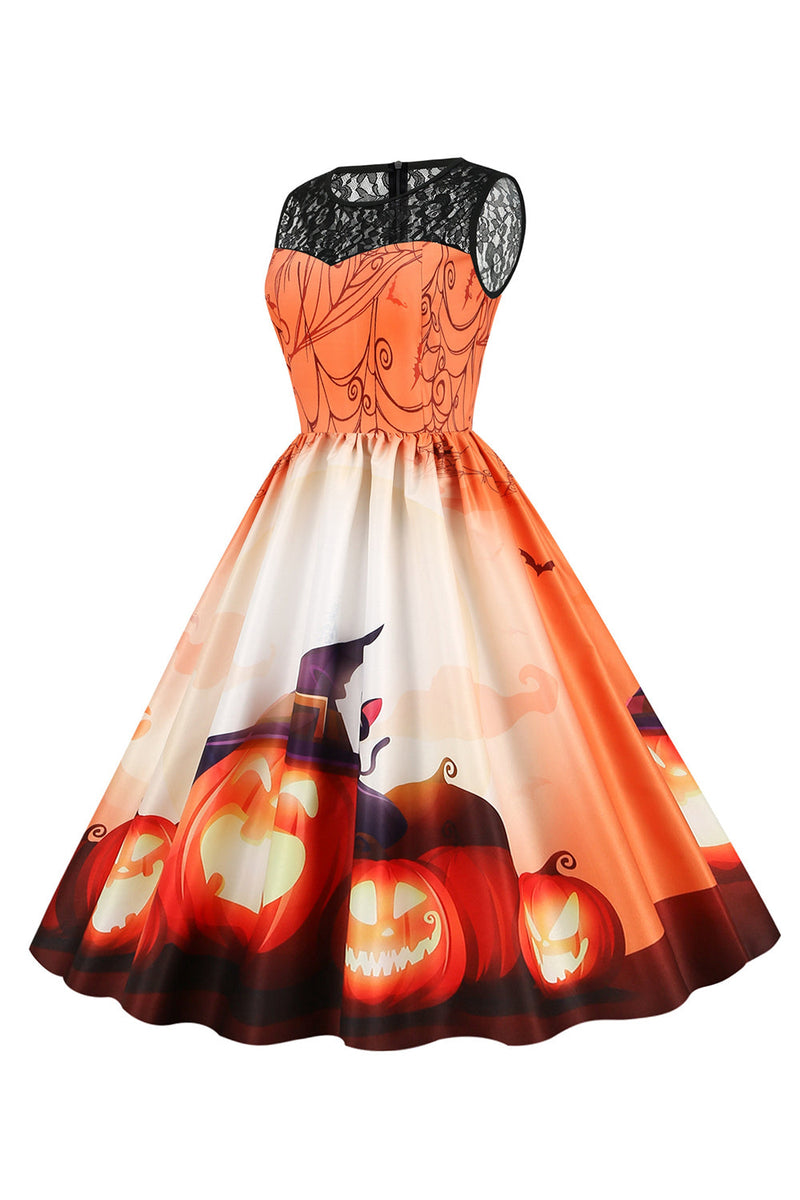 Załaduj obraz do przeglądarki galerii, Vintage Crew Neck Koronkowy panel Nadruk Sukienka na Halloween