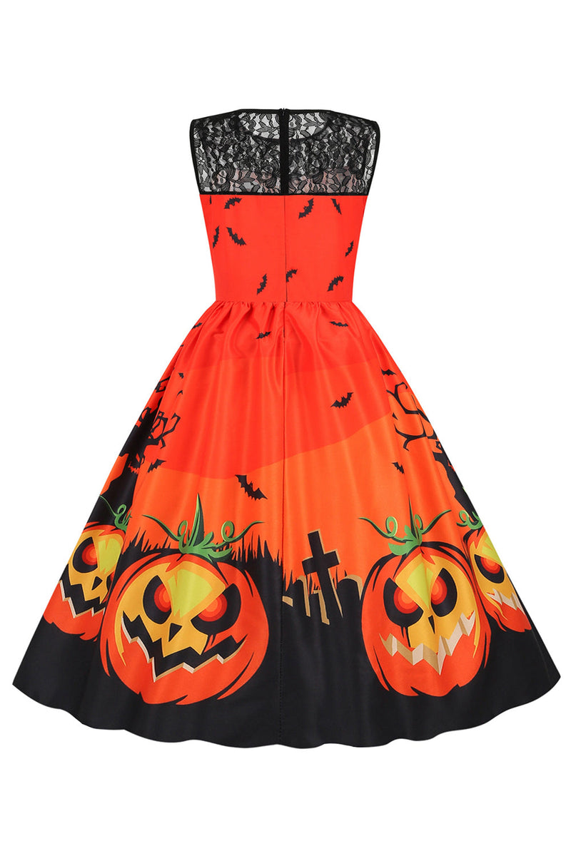 Załaduj obraz do przeglądarki galerii, Vintage Crew Neck Koronkowy panel Nadruk Sukienka na Halloween