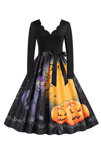 V-Neck Długi rękaw Jack-o-lantern Print Halloween Retro Dress