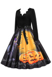 V-Neck Długi rękaw Jack-o-lantern Print Halloween Retro Dress