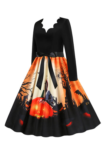 V-Neck Długi rękaw Jack-o-lantern Print Halloween Retro Dress