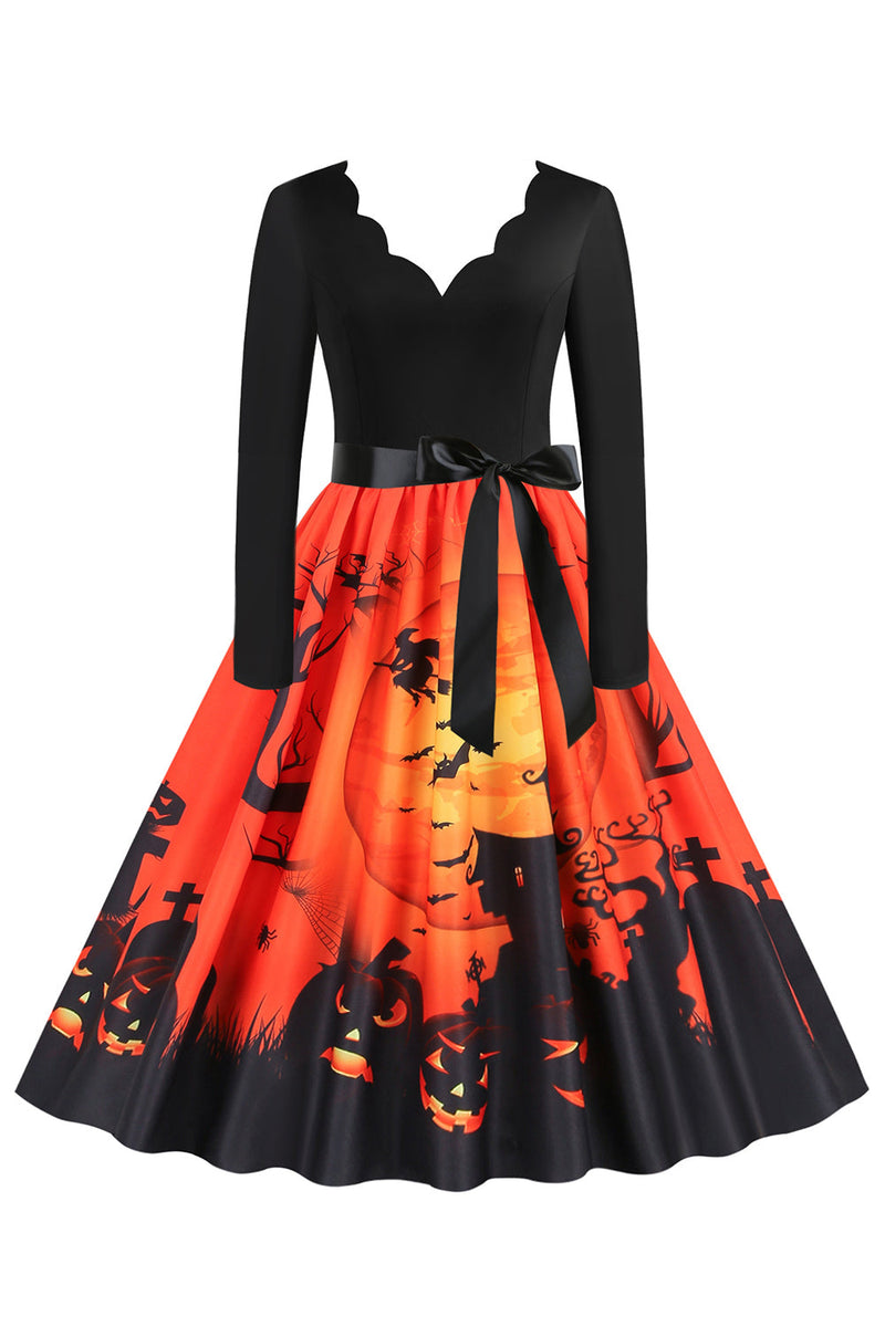 Załaduj obraz do przeglądarki galerii, V-Neck Długi rękaw Jack-o-lantern Print Halloween Retro Dress