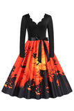 V-Neck Długi rękaw Jack-o-lantern Print Halloween Retro Dress