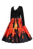 V-Neck Długi rękaw Jack-o-lantern Print Halloween Retro Dress