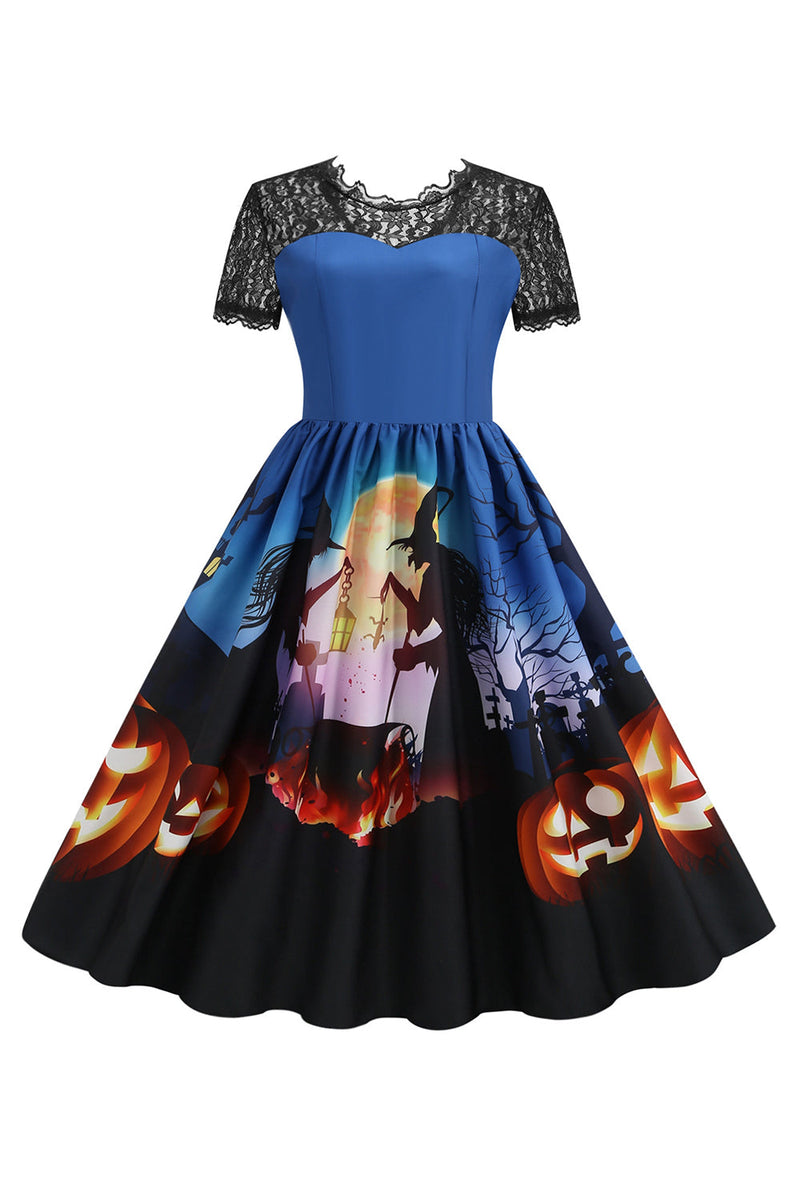 Załaduj obraz do przeglądarki galerii, Koronkowa sukienka z krótkim rękawem Halloween Retro Dress