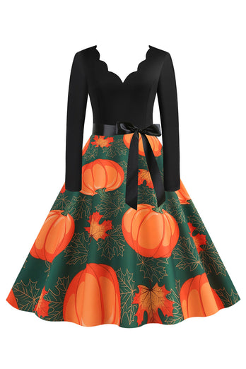 Falista sukienka w stylu V-Neck z długim rękawem z nadrukiem Halloween Retro Dress