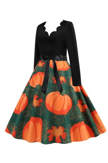Falista sukienka w stylu V-Neck z długim rękawem z nadrukiem Halloween Retro Dress