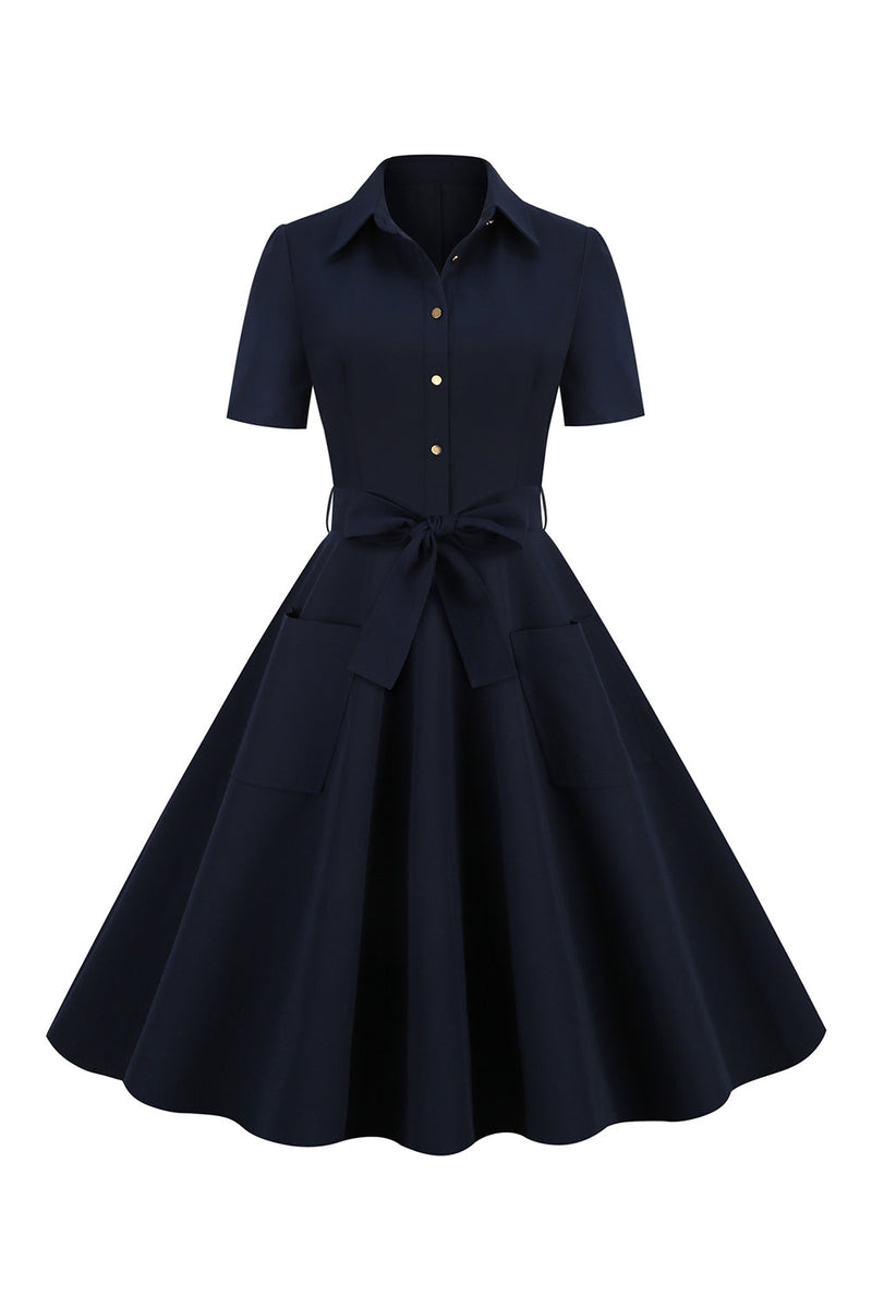 Załaduj obraz do przeglądarki galerii, Granatowa lapel neck Vintage 1950s Sukienka