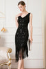 Załaduj obraz do przeglądarki galerii, Czarna Cekinowa Sukienka Lata 20 Z Frędzlami