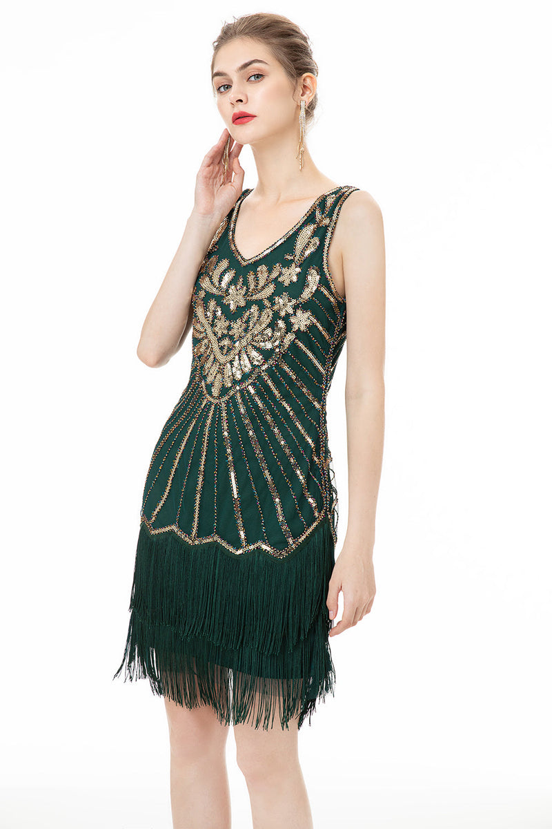 Załaduj obraz do przeglądarki galerii, Zielona cekinowa sukienka z frędzlami z 1920 roku
