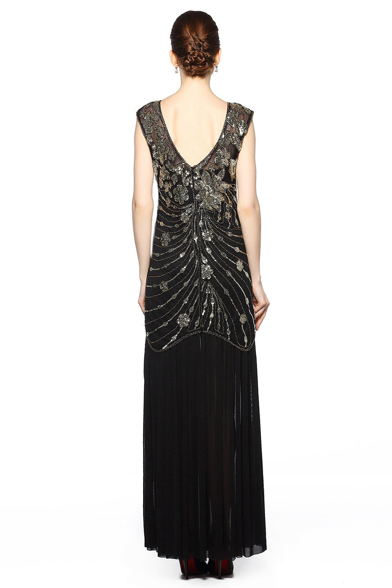 Załaduj obraz do przeglądarki galerii, Czarna cekinowa długa sukienka z 1920 roku