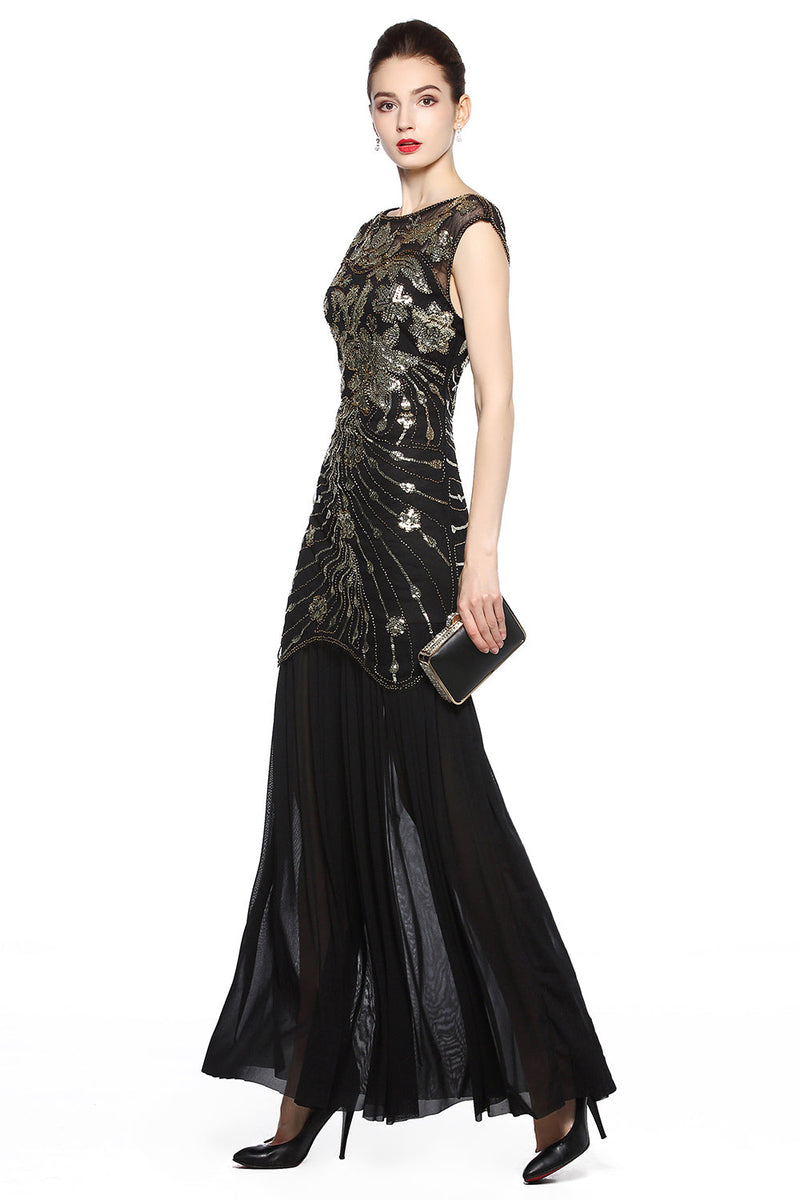 Załaduj obraz do przeglądarki galerii, Czarna cekinowa długa sukienka z 1920 roku