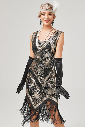 Ciemnozielona sukienka Flapper z 1920 roku z frędzlami