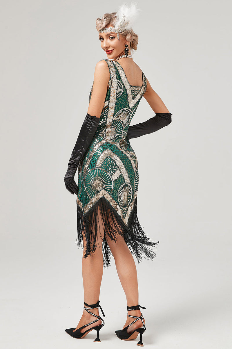 Załaduj obraz do przeglądarki galerii, Ciemnozielona sukienka Flapper z 1920 roku z frędzlami