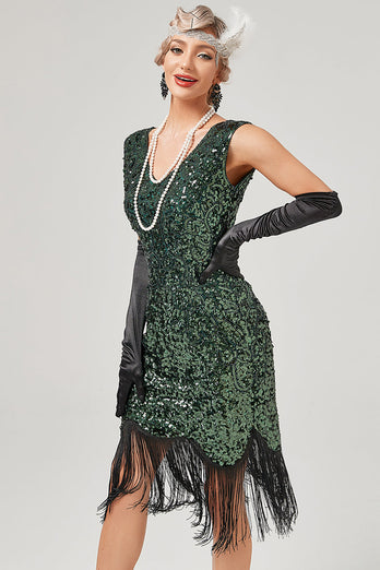 Ciemnozielona cekinowa sukienka z dekoltem w serek Gatsby z frędzlami
