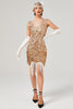 Załaduj obraz do przeglądarki galerii, Ciemnozielona cekinowa sukienka z dekoltem w serek Gatsby z frędzlami