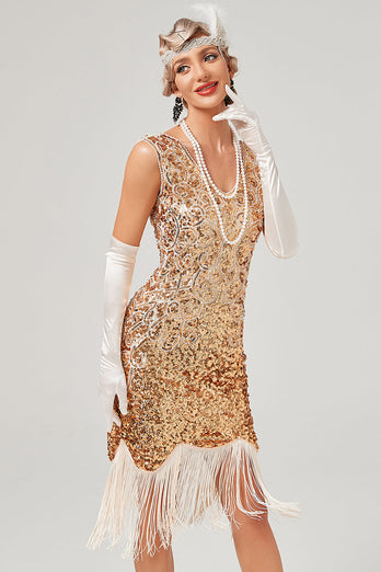 Ciemnozielona cekinowa sukienka z dekoltem w serek Gatsby z frędzlami