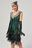 Załaduj obraz do przeglądarki galerii, Czarny Dekolt V Zielona Cekinowa Sukienka Lata 20 z Frędzlami