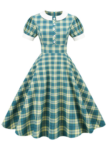 Jewel Neck Green Grid 1950s Sukienka z krótkim rękawem