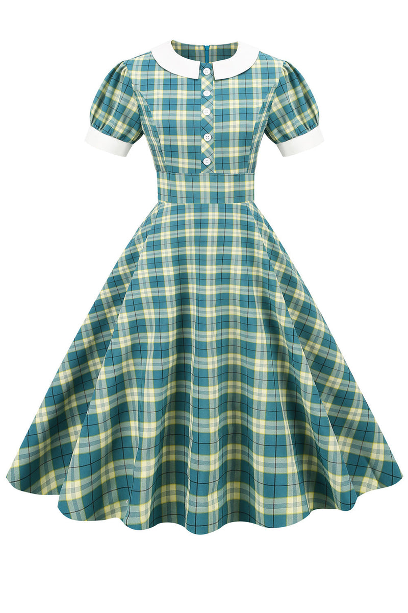 Załaduj obraz do przeglądarki galerii, Jewel Neck Green Grid 1950s Sukienka z krótkim rękawem