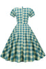Załaduj obraz do przeglądarki galerii, Jewel Neck Green Grid 1950s Sukienka z krótkim rękawem