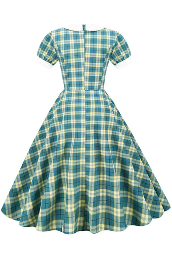 Jewel Neck Green Grid 1950s Sukienka z krótkim rękawem