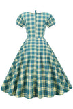 Jewel Neck Green Grid 1950s Sukienka z krótkim rękawem