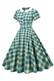 Jewel Neck Green Grid 1950s Sukienka z krótkim rękawem