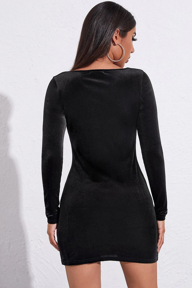 Załaduj obraz do przeglądarki galerii, Aksamitna czarna sukienka z długim rękawem z rozcięciem
