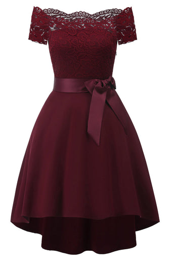 Burgundia Sukienka Koronkowe z Odkrytymi Ramionami