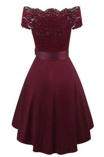 Burgundia Sukienka Koronkowe z Odkrytymi Ramionami