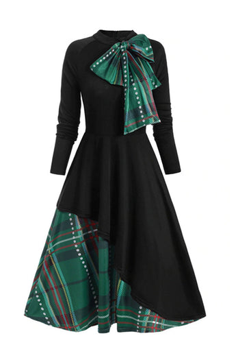 Zielony Wysoki Dekolt Długie Rękawy Sukienka Vintage w Kratkę