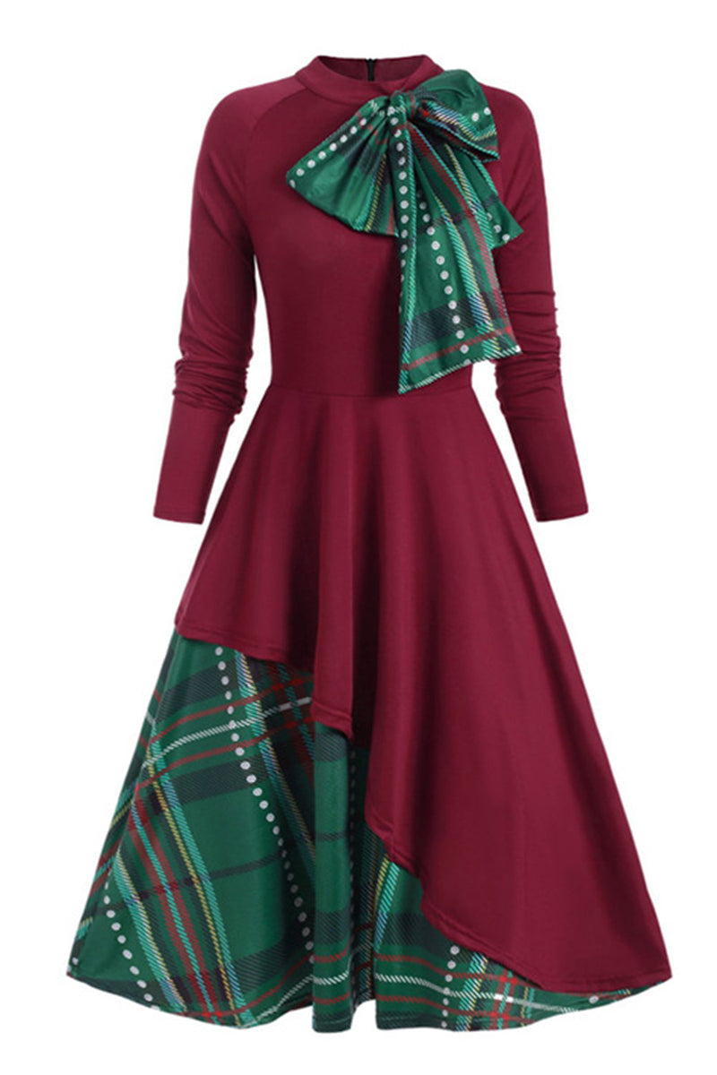 Załaduj obraz do przeglądarki galerii, Zielony Wysoki Dekolt Długie Rękawy Sukienka Vintage w Kratkę