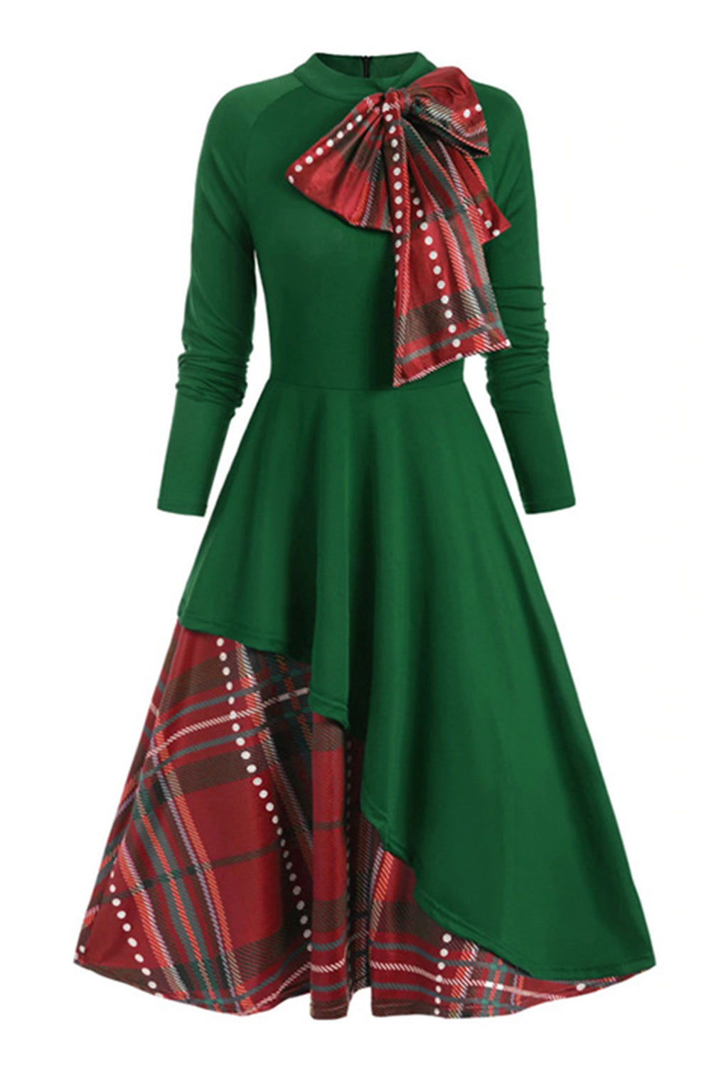 Zielony Wysoki Dekolt Długie Rękawy Sukienka Vintage w Kratkę