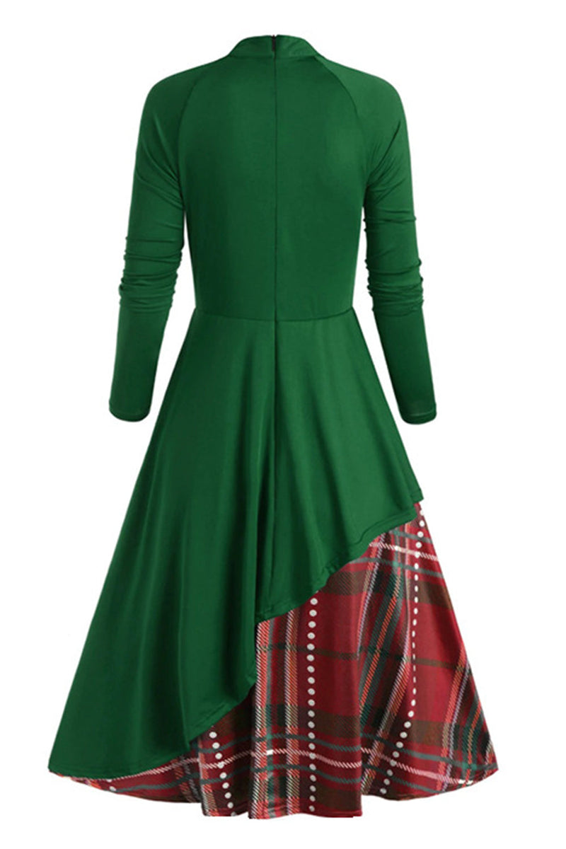 Załaduj obraz do przeglądarki galerii, Zielony Wysoki Dekolt Długie Rękawy Sukienka Vintage w Kratkę