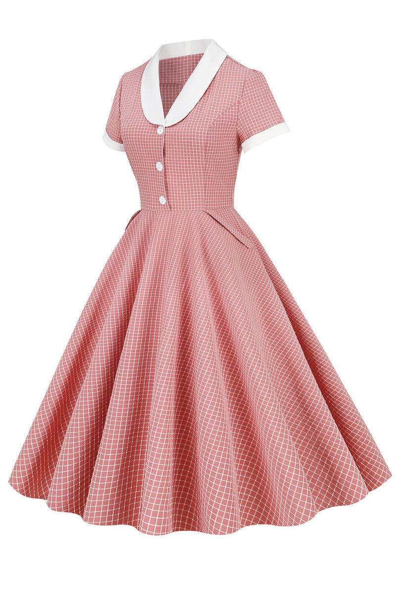 Załaduj obraz do przeglądarki galerii, Różowa Sukienka Vintage w Kratkę z Krótkim Rękawem