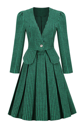 Zielona Sukienka Vintage w Kratkę z Dlugim Rekawem