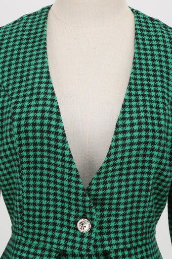 Zielona Sukienka Vintage w Kratkę z Dlugim Rekawem